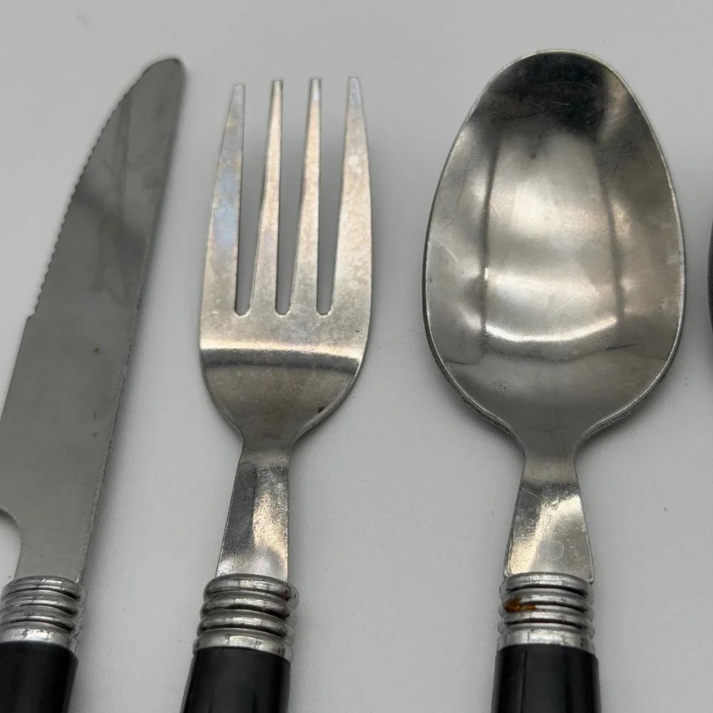 Gibson Stainless China 219 Flatware Set 6pc Black Plastic Handle Silver Rings